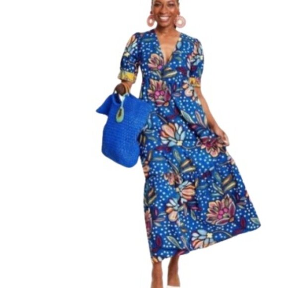 Tabitha Brown for Target Womens Maxi Dress Blue Floral Polka Dot Pockets 6 - Picture 1 of 3